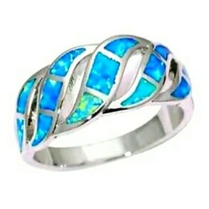 Genuine Blue Fire Opal 925 Silver Women Band Ring
